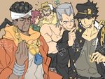  5boys :t closed_eyes dark_skin dark_skinned_male eating food food_on_face jean_pierre_polnareff jojo_no_kimyou_na_bouken joseph_joestar kakyouin_noriaki kuujou_joutarou male_focus mohammed_avdol multiple_boys simple_background toujou_sakana 