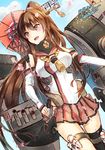  bad_id bad_twitter_id black_legwear blush breasts brown_eyes brown_hair dated day kantai_collection large_breasts long_hair miniskirt open_mouth petals pleated_skirt ponytail signature single_thighhigh skirt sky solo thighhighs yamato_(kantai_collection) yuihira_asu 