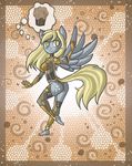  2013 anthro anthrofied blonde_hair breasts butt clothed clothing cutie_mark derpy_hooves_(mlp) equine female food friendship_is_magic fur grey_skin hair hi_res horse legwear looking_back mammal muffin my_little_pony pegasus pony pose raised_leg raptor007 side_boob skimpy solo spacesuit thought_bubble wings yellow_eyes yellow_fur 