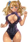  absurdres asymmetrical_hair blonde_hair blue_eyes blush breasts cameltoe cleavage covered_nipples dark_skin front_zipper_swimsuit galko hair_ribbon highres large_breasts long_hair looking_at_viewer meme_attire one-piece_swimsuit one_side_up oshiete!_galko-chan parted_lips ribbon scrunchie side_bun simple_background skin_tight solo swimsuit whistlerx white_background zipper 