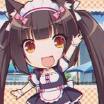  :3 :d animal_ears animated animated_gif black_hair brown_eyes cat_ears cat_tail checkered checkered_background chocola_(sayori) chromatic_aberration gif_artifacts hair_ornament long_hair lowres maid maid_headdress nekopara open_mouth sayori sky smile solo tail twintails umbrella waving 