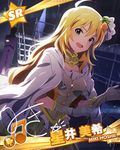  ahoge beamed_eighth_notes blonde_hair blush card_(medium) character_name character_signature faceless faceless_male gloves green_eyes hoshii_miki idolmaster idolmaster_(classic) idolmaster_million_live! jacket_on_shoulders kuroi_takao long_hair looking_at_viewer musical_note official_art solo_focus 