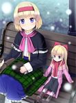  a_(aaaaaaaaaaw) alice_margatroid alternate_costume bag bench blonde_hair blue_eyes book bow capelet doll dress hair_bow hairband long_hair ribbon scarf shanghai_doll short_hair snow touhou winter_clothes 