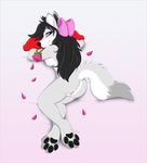  2015 black_hair bow breasts canine female flower fur grey_fur hair hair_bow kwik looking_at_viewer looking_back lying mammal nude on_front plant purple_eyes pussy rose seductive side_boob solo 