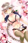  blush bra braid breasts brown_hair cleavage cupless_bra flower ichiyou_moka kantai_collection large_breasts long_hair looking_at_viewer lying navel open_clothes petals skirt smile solo thighhighs underwear unryuu_(kantai_collection) very_long_hair yellow_eyes 