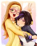  big_hero_6 black_hair blush brown_eyes brown_hair cardigan cropped_jacket eyeshadow fingerless_gloves glasses gloves gogo_tomago hairband height_difference honey_lemon hug kiri_futoshi lipstick long_hair makeup multicolored_hair multiple_girls pink-framed_eyewear purple_hair short_hair v wristband 