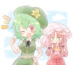  :o ;d ascot chibi chinese_clothes cosplay costume_switch green_eyes green_hair hong_meiling hong_meiling_(cosplay) jitome kazami_yuuka kazami_yuuka_(cosplay) looking_at_another looking_at_viewer mokku multiple_girls one_eye_closed open_mouth plaid plaid_vest red_eyes red_hair short_hair simple_background smile tangzhuang touhou umbrella vest white_background 