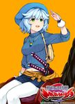  animal arm_up backpack bag blue_hair copyright_name gauntlets green_eyes hat horse jewelry midriff navel necklace official_art open_mouth orange_background pantyhose saddle sakumo_(karatama) sengoku_bushouki_muramasa sidesaddle skirt sweater sword weapon white_legwear 