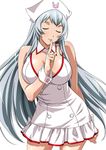  breasts chouun_shiryuu closed_eyes collar collarbone finger_to_mouth hat ikkitousen index_finger_raised large_breasts long_hair nurse nurse_cap official_art silver_hair simple_background solo white_background wrist_cuffs 
