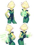  1girl :o blonde_hair bodysuit breasts cowboy_shot expressions facial_mark flustered forehead_mark frown green_bodysuit hair_between_eyes half-closed_eyes hand_on_hip highres holographic_interface looking_to_the_side looking_up multiple_views peridot_(steven_universe) rambamboo short_hair signature simple_background small_breasts standing steven_universe typing wavy_mouth white_background white_hair white_skin wide_sleeves 