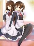  akagi_(kantai_collection) alternate_costume apron brown_eyes brown_hair enmaided highres kaga_(kantai_collection) kantai_collection kisaragi_yuri long_hair long_sleeves maid maid_apron multiple_girls pantyhose short_hair side_ponytail 