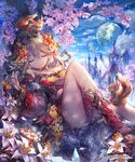  :o animal bare_shoulders boots brown_hair building cherry_blossoms cleavage_cutout cloud copyright_name cygames detached_sleeves dress fantasy flower hair_flower hair_ornament highres lee_hyeseung light_particles long_hair moon plumeria_(shingeki_no_bahamut) shingeki_no_bahamut sky sleeping solo squirrel tower tree windmill 