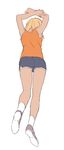  arms_up bad_id bad_pixiv_id blonde_hair from_behind gym_uniform inazuma_eleven inazuma_eleven_(series) male_focus miyasaka_ryou simple_background solo tank_top tomo_(sjim) white_background 