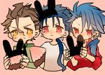  :3 animal_hat apollo_chocolate blue_hair brown_hair bunny_hat chibi cu_chulainn_(fate/prototype) fate/prototype fate/stay_night fate/zero fate_(series) hat lancer lancer_(fate/zero) male_focus multiple_boys ponytail red_eyes touwa yellow_eyes 