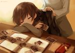  bow box brown_hair desk erica_hartmann gertrud_barkhorn gift gift_box hair_bow hands_on_shoulders image_sample indoors jacket_on_shoulders kodamari long_hair minna-dietlinde_wilcke multiple_girls photo_(object) photo_album shadow sleeping strike_witches twintails twitter_sample world_witches_series 