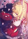  alcohol animal_ears blonde_hair blush cherry_blossoms flower fox_ears japanese_clothes long_hair looking_at_viewer original red_eyes sake solo yasumo_(kuusouorbital) 