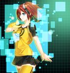  aiba_ami backpack bag black_skirt blue_eyes digimon digimon_story:_cyber_sleuth gloves glowing print_legwear print_shirt raglan_sleeves red_hair rororororo shirt short_hair side_ponytail single_glove skirt smile solo thighhighs yellow_shirt zettai_ryouiki 