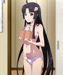  :t ahoge araragi_tsukihi black_hair blush breasts collarbone egg_yolk grey_eyes groin hair_ornament highres long_hair monogatari_(series) navel panties screencap shampoo_bottle small_breasts solo stitched third-party_edit topless tsukimonogatari underwear very_long_hair white_panties 