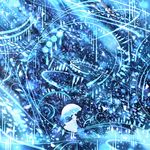  abstract_background blue capelet commentary dress highres light_particles original rain sakimori_(hououbds) scenery smile solo umbrella white_dress 