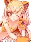  animal_ears bare_shoulders blonde_hair blush eyelashes fang green_eyes idolmaster idolmaster_cinderella_girls jougasaki_rika kamanatsu lion_ears lion_paw long_hair one_eye_closed paws smile solo two_side_up 