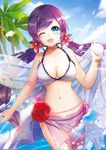  bikini blue_eyes breasts flower hair_flower hair_ornament large_breasts long_hair looking_at_viewer love_live! love_live!_school_idol_project low_twintails one_eye_closed purple_hair smile solo swimsuit tora_(tora_factory) toujou_nozomi twintails 