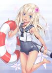  barefoot blonde_hair blue_eyes crop_top doonatsu. flower hair_flower hair_ornament kantai_collection lifebuoy long_hair one-piece_swimsuit ro-500_(kantai_collection) sailor_collar school_swimsuit swimsuit swimsuit_under_clothes tan tanline torpedo 