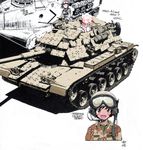  akiyama_yukari artist_name blush camouflage caterpillar_tracks choco-chip_(camouflage) english girls_und_panzer goggles goggles_on_headwear ground_vehicle gulf_war headset helmet highres jumpsuit long_hair looking_at_another m60_patton main_battle_tank md5_mismatch military military_uniform military_vehicle motor_vehicle multiple_girls nakamura_3sou open_mouth operation_desert_storm partially_colored reactive_armor shadow short_hair signature simple_background sketch smile sss tank unfinished uniform white_background 