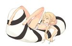  bare_arms barefoot blonde_hair blush candy food full_body futaba_anzu highres holding idolmaster idolmaster_cinderella_girls lollipop long_hair looking_at_viewer lying midriff mk_(masatusaboten) on_back open_mouth panties simple_background sleeping solo striped striped_panties twintails underwear white_background 