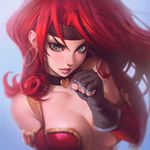  bad_id bad_tumblr_id bare_shoulders battle_chasers breasts choker cleavage clenched_hand detached_sleeves earrings fingerless_gloves gloves green_eyes headband ilya_kuvshinov jewelry large_breasts lips long_hair looking_at_viewer red_hair red_monika solo upper_body 