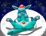  2013 abstract_background ambiguous_gender barefoot blush bowl canine christmas eeveelution feral food fur glaceon green_eyes hat holidays lying mammal nintendo pok&eacute;mon rathikyou shadow solo spread_legs spreading sweat table video_games 