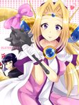  1girl :p anger_vein bad_id bad_pixiv_id blonde_hair bow copyright_name dragon_tail filia_ul_copt gloves hair_ornament heart looking_at_viewer pink_bow purple_eyes purple_hair ribbon slayers slayers_try spiked_mace staff tail tail_bow tongue tongue_out xelloss yasuda_rikka 