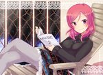  bad_id bad_pixiv_id blanket book eighth_note jewelry lace_border looking_at_viewer love_live! love_live!_school_idol_project musical_note necklace nishikino_maki purple_eyes red_hair smile solo yasuda_rikka 