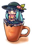  :t blue_hair bright_pupils chibi cup eating food fruit hat highres hinanawi_tenshi leaf long_hair minigirl mister_donut mug peach pigeon-toed red_eyes same_anko sitting solo touhou white_pupils wide-eyed 