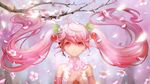  cherry cherry_blossoms detached_sleeves flower flower-shaped_pupils food fruit hair_flower hair_ornament hatsune_miku headphones headset highres long_hair looking_at_viewer microphone necktie orry petals pink pink_eyes pink_hair sakura_miku smile solo symbol-shaped_pupils twintails upper_body vocaloid wallpaper 