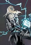  armor beard blonde_hair blue_eyes electricity facial_hair glowing glowing_eyes hammer male_focus marvel mjolnir nikumeron solo thor_(marvel) 