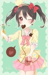  bangs black_hair bow brooch chef_hat chocolate chocolate_heart dated gift hair_bow hair_ornament hairband hairpin hat heart highres holding holding_gift jewelry love_live! love_live!_school_idol_project mashuhope_(chinesere) mini_hat mouth_hold one_eye_closed red_eyes ribbon solo spoken_heart toque_blanche twintails valentine yazawa_nico 