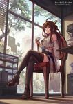  ahoge bare_shoulders brown_hair crossed_legs cup detached_sleeves from_below full_body hairband haoni high_heels indoors japanese_clothes kantai_collection kongou_(kantai_collection) long_hair nontraditional_miko sitting smile solo teacup thighhighs tiered_tray watermark window 
