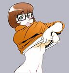  1girl bottomless breasts cartoon_network colored condom freckles glasses looking_at_viewer mound_of_venus navel photoshop qiqo scooby-doo shirt_lift sleeves_pushed_up solo underboob undressing velma_dace_dinkley 