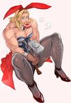  animal_ears avengers bara blonde_hair blue_eyes braid breasts bunny_ears bunnysuit cleavage doughnut fishnet_pantyhose fishnets food hammer large_breasts manly marvel mjolnir mouth_hold muscle nikumeron pantyhose solo thor_(marvel) 