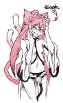  animal_ears black_panties blazblue breasts cat_ears cat_tail cellphone closed_eyes cowboy_shot glasses highres kokonoe long_hair multiple_tails navel open_fly panties phone pince-nez pink_hair ponytail small_breasts solo sparrow_(artist) tail two_side_up underwear unzipped 