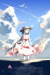  blue_eyes bow cloud day dress hat hatsune_miku highres long_hair looking_to_the_side scrunchie shingetsu_mk sky smile solo sundress twintails very_long_hair vocaloid wading water wrist_scrunchie 