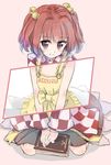  apron bell blush book bow character_name checkered clothes_writing hair_bell hair_ornament japanese_clothes jpeg_artifacts long_sleeves looking_at_viewer motoori_kosuzu naked_apron orange_hair pink_background puuakachan short_hair simple_background sitting skirt smile solo touhou two_side_up 