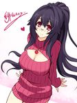  black_hair breasts cleavage cu-no glasses hisenkaede huge_breasts kokonoe_tamaki long_hair meme_attire open-chest_sweater red_eyes ribbed_sweater sketch solo sweater 