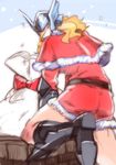  blonde_hair boots capelet chimney christmas from_behind helmet looking_at_viewer looking_back male_focus marvel nikumeron sack santa_costume shorts solo thor_(marvel) 