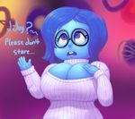  1girl artist_request big_breasts blue_eyes blue_hair blue_skin breasts buck_teeth buckteeth bursting_breasts cleavage clothed clothing english_text female hair huge_breasts inside_out pixar sad sadness_(inside_out) solo text unknown_artist 