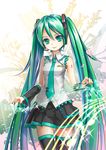  beamed_eighth_notes crazypen detached_sleeves eighth_note green_eyes green_hair hatsune_miku headset highres long_hair musical_note nail_polish necktie quarter_note skirt smile solo staff_(music) thighhighs twintails very_long_hair vocaloid 