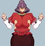  blue_background blush breast_grab breasts deep_skin downscaled grabbing hair_bun hands huge_breasts jpeg_artifacts long_sleeves looking_down md5_mismatch puffy_sleeves purple_hair red_eyes resized rope shirt short_hair simple_background skirt solo_focus space_jin sweat touhou vest yasaka_kanako 