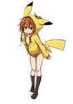  :d brown_hair character_hood cosplay folded_ponytail gen_1_pokemon highres hood hoodie inazuma_(kantai_collection) kantai_collection lightning_bolt long_hair naked_hoodie no_bra open_clothes open_hoodie open_mouth pikachu pikachu_(cosplay) plover pokemon sketch smile solo tail 