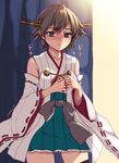  blue_eyes blush brown_hair detached_sleeves hairband hanao_(kuma-tan_flash!) hiei_(kantai_collection) japanese_clothes kantai_collection nervous nontraditional_miko short_hair solo sweatdrop thighhighs wide_sleeves zettai_ryouiki 