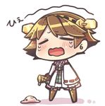  bad_id bad_pixiv_id brown_hair chibi crying detached_sleeves food hairband hiei_(kantai_collection) ice_cream ice_cream_cone ice_cream_cone_spill japanese_clothes kantai_collection lowres nontraditional_miko open_mouth same_anko short_hair solo spill tears thighhighs translated wavy_mouth wide_sleeves 